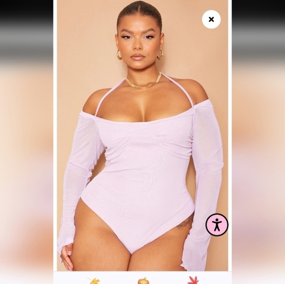 🍁🍂NWOT PRETTYLITTLETHING  20 Plus Lilac Mesh Sleeve Halter Neck Bodysuit - Picture 2 of 7